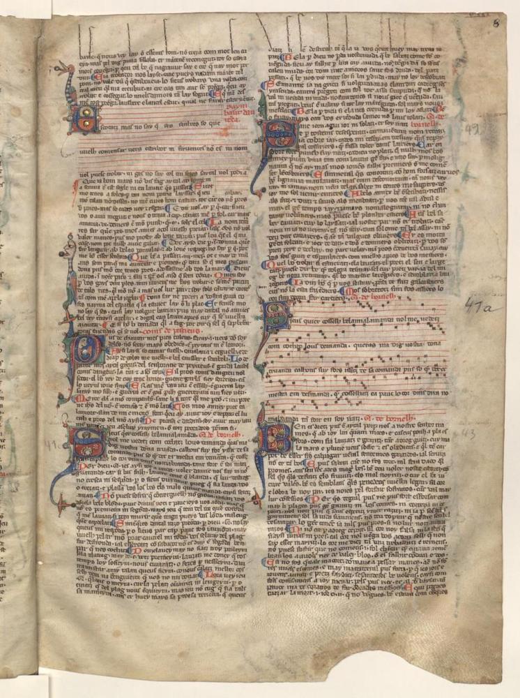 "S'ie·us quier conseill, bel'amig'Alamanda" copiada con música en el cancionero R (Cancionero La Vallière, BnF f. f. 22543, fol. 8r) (Fuente: gallica.bnf.fr / BnF)