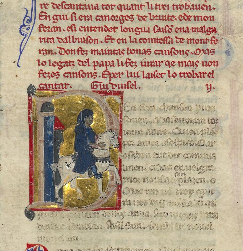 Gui d'Ussel en el cancionero K (BNF ms. fr. 12473 fol. 73r) (Fuente: gallica.bnf.fr / BnF). La única poesía conservada de Maria de Ventadorn es una tenso con Gui d'Ussel