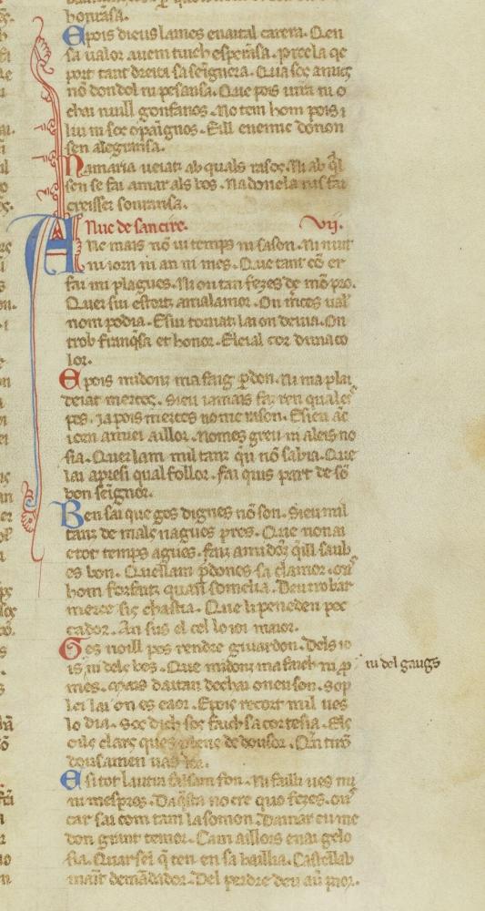 "Anc mais non vi temps ni sazo" (BEdT 457,004) de Uc de Saint-Circ, en el cancionero I (BNF ms fr. 854, fol. 129r) (Fuente: gallica.bnf.fr / BnF)