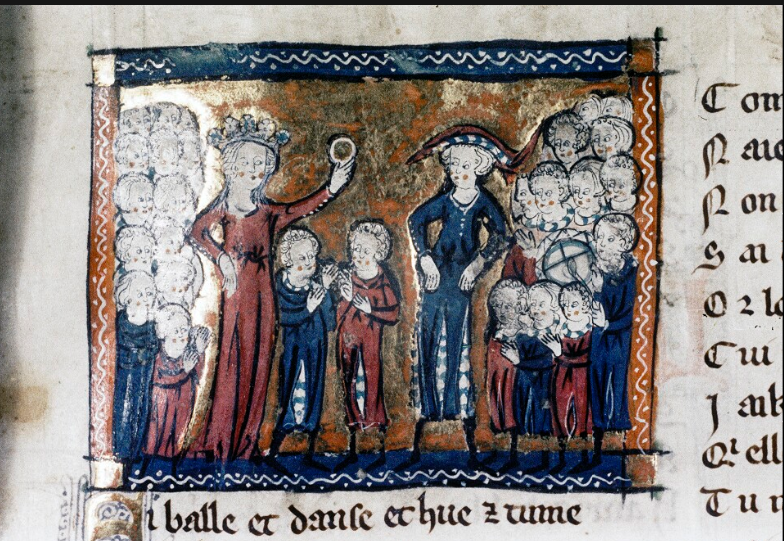 Miniature in the manuscript of "Tournoi de Chauvency" (Oxford University, Bodleian Library, Ms Douce 308)